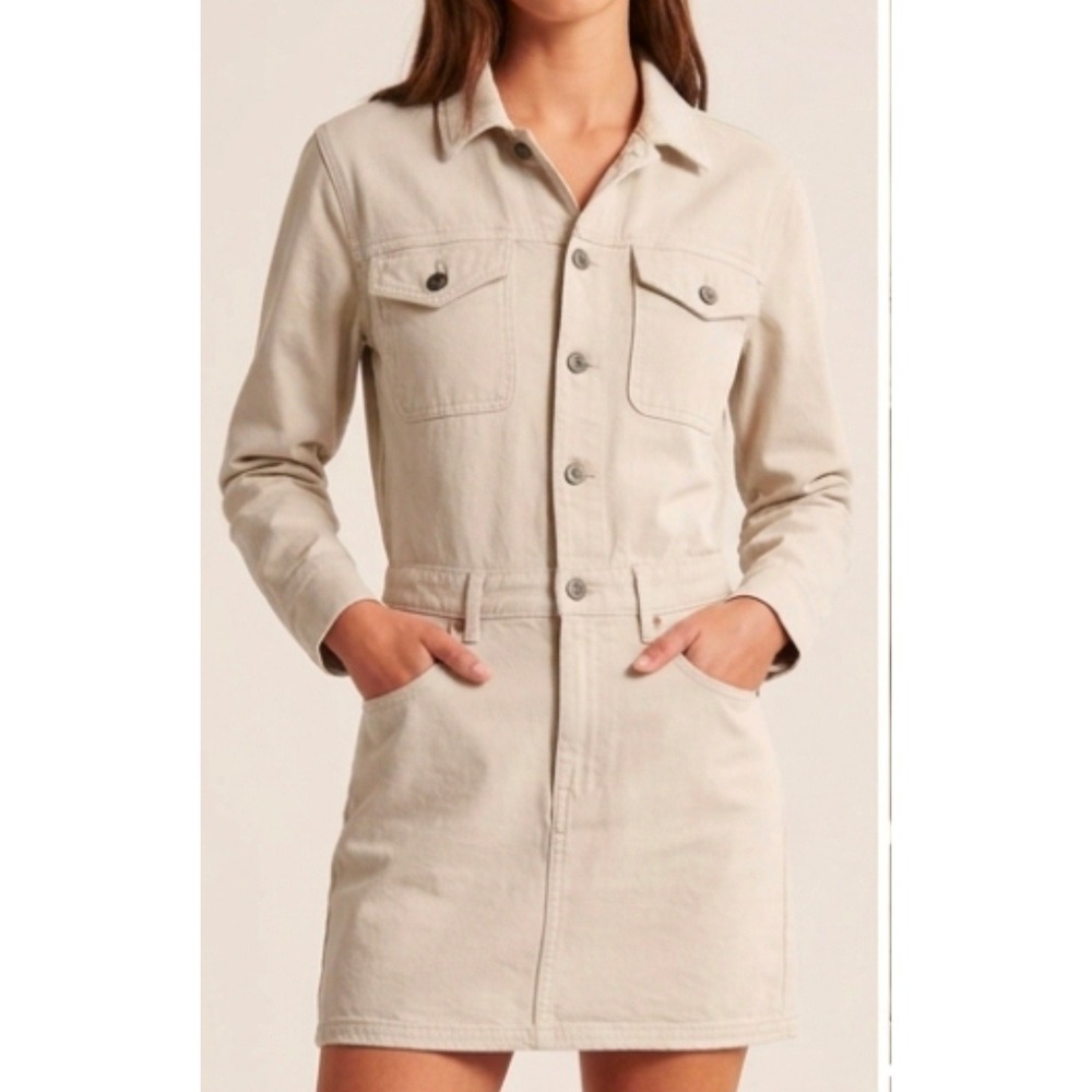 Abercrombie & Fitch Women Beige Denim Long Sleeve Utility Shirt Mini Dress XS